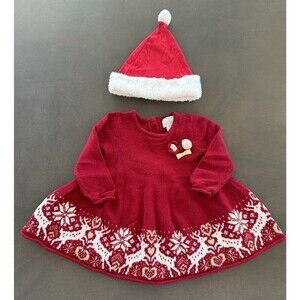 Toddler Girl Heirloom Reindeer Christmas Shimmer Sweater Dress 18M +Santa hat